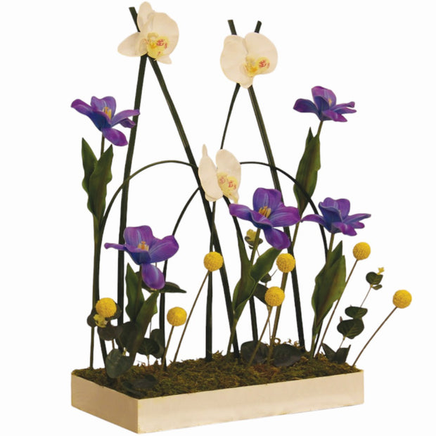 Blue Tulips with artificial Orchids in white acrylic box