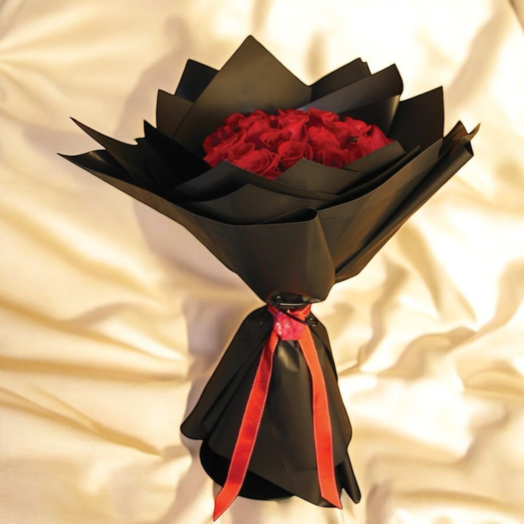 Fresh Red Rose Bouquet wrapped in red ribbon