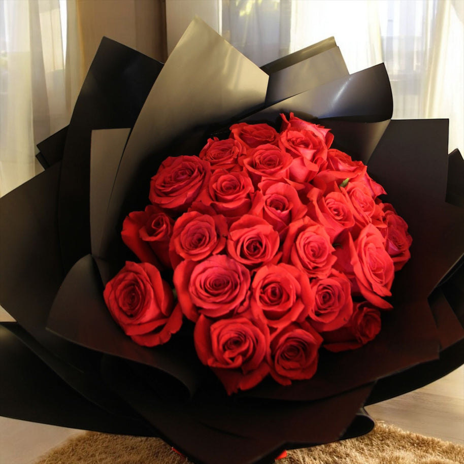 Fresh Red Rose Bouquet wrapped in red ribbon