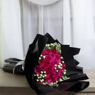 Bouquet of roses-25 fuchsia roses with 10 hypericum flowers